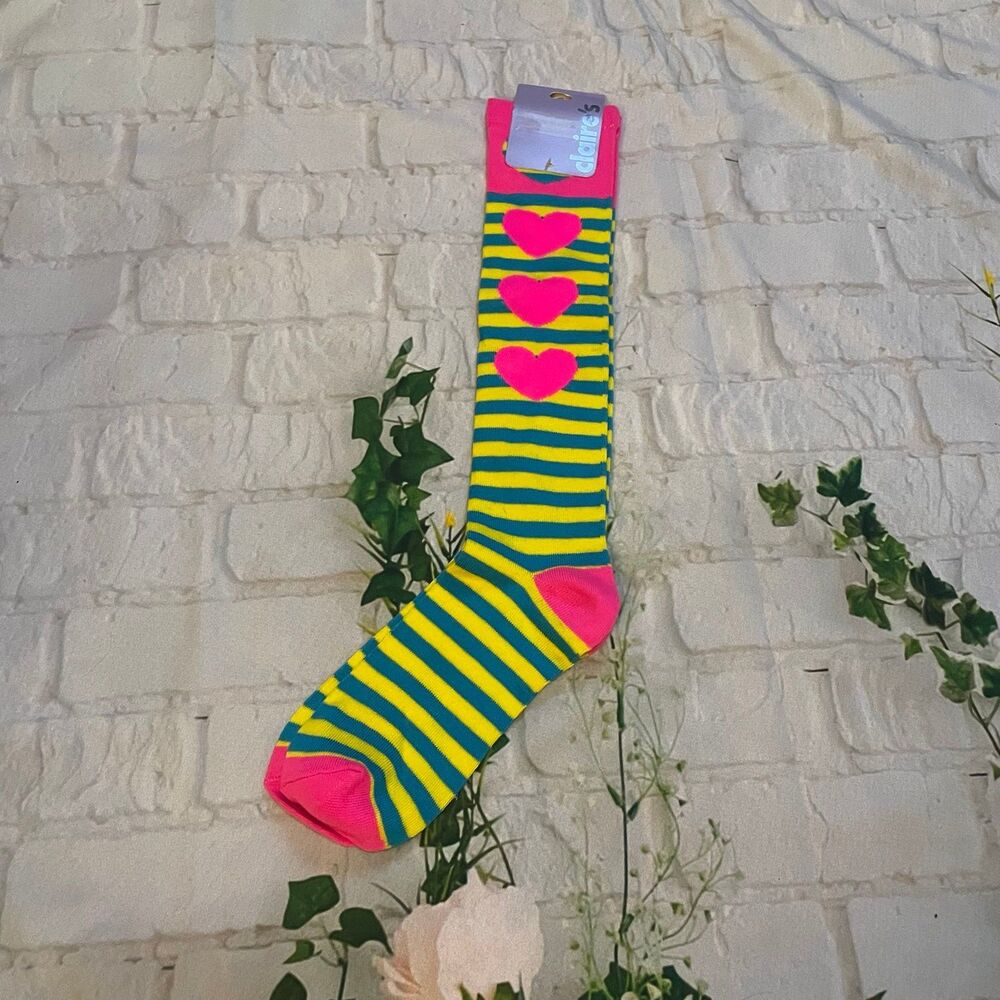 Claire’s High Heart Socks Neon pink yellow blue striped new with tags
